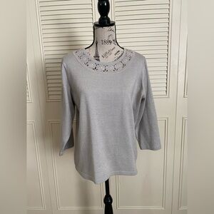 Cathy Daniels Silver sparkle shimmer knit crochet neckline blouse size large